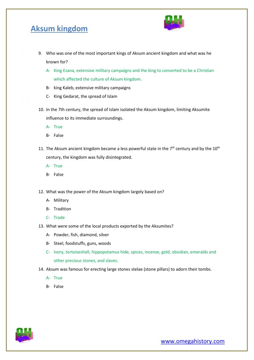 the kingdom of Aksum history worksheet questions with answers  pdf