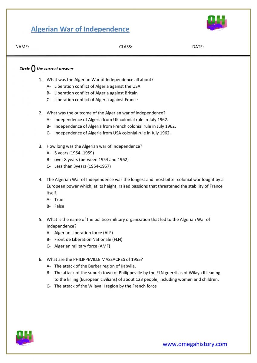 Algerian War of Independence history questions pdf 