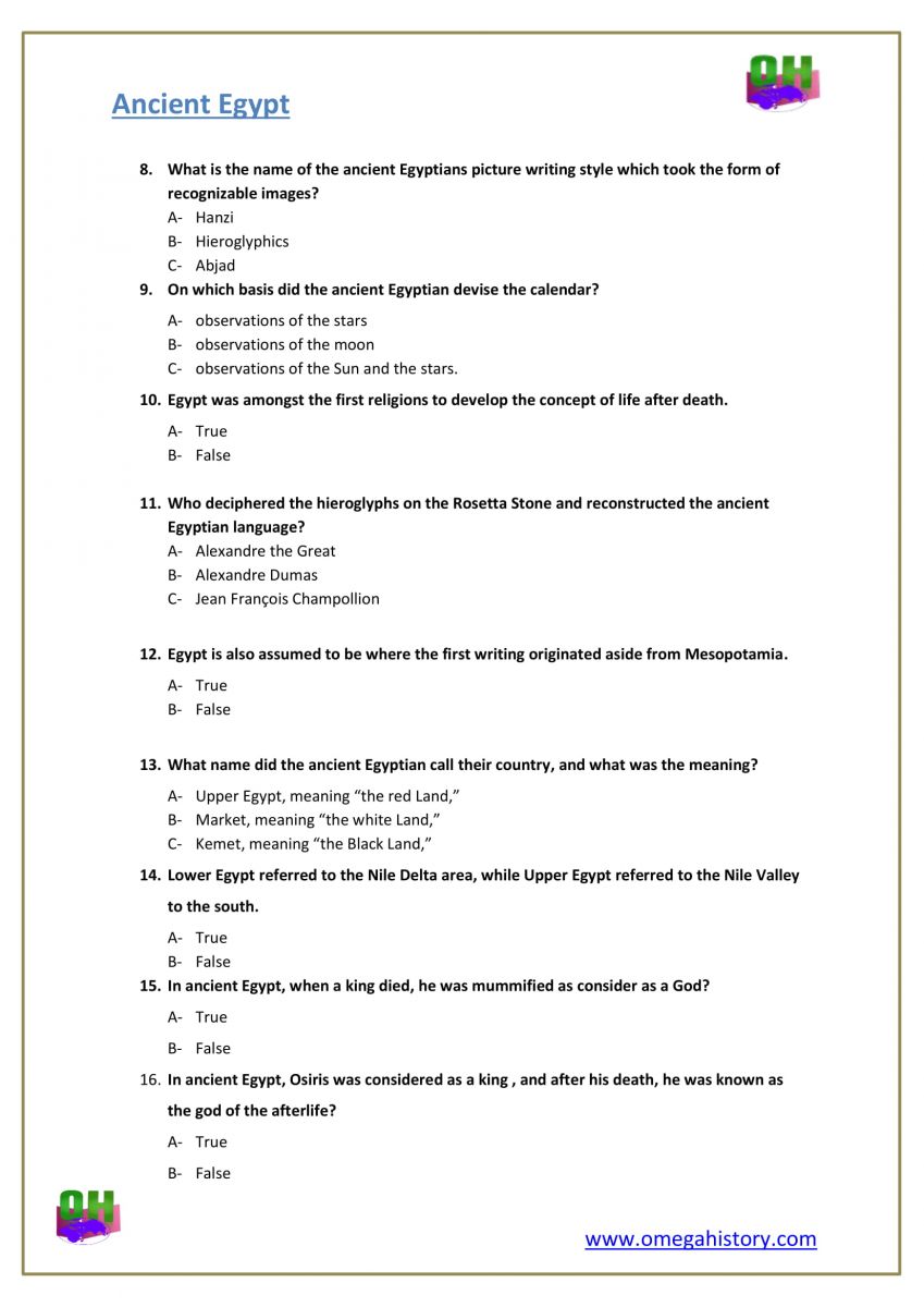 Questions about ancient Egypt history answers worksheets 6th grade pdf