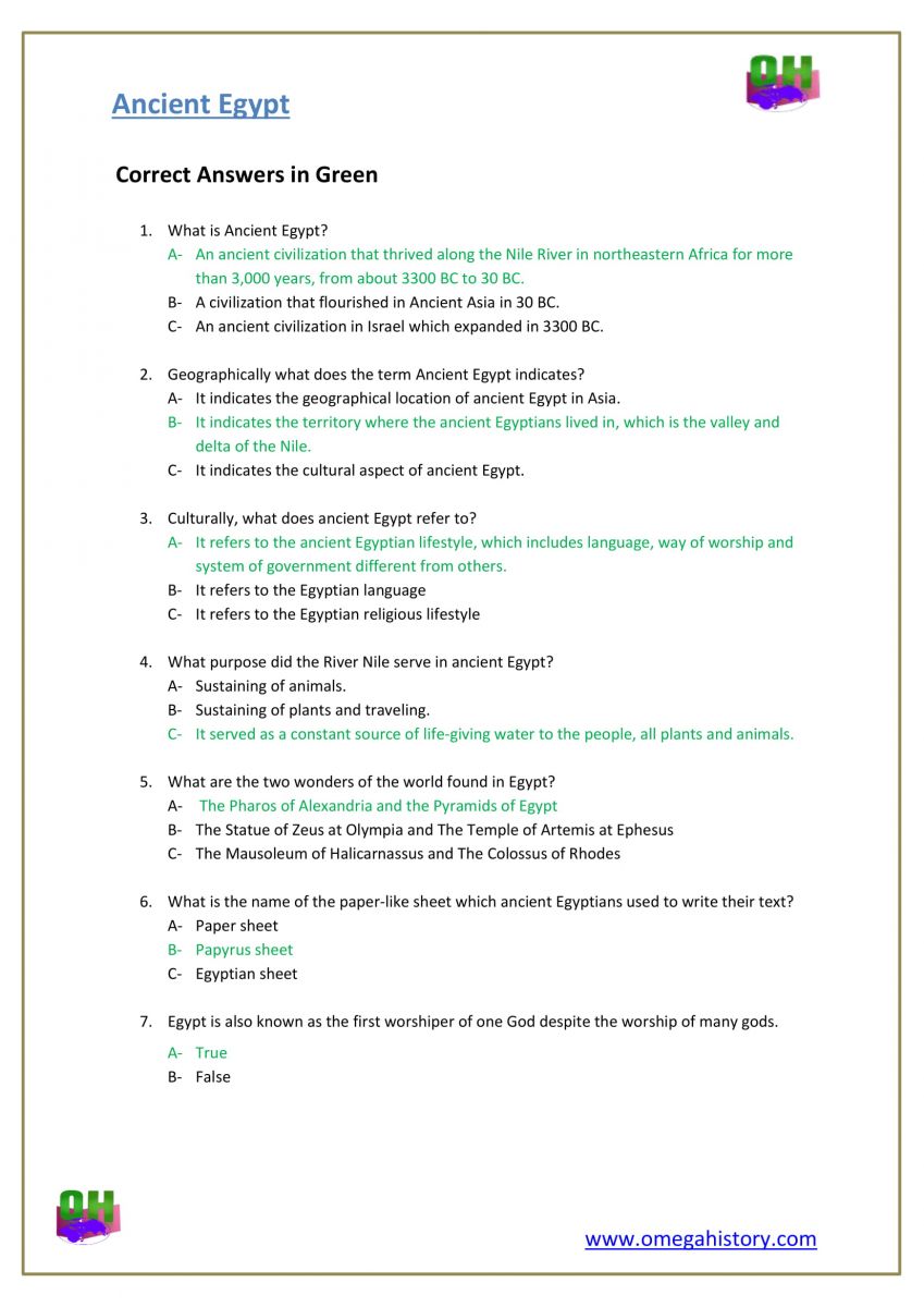 Questions about ancient Egypt history answers worksheets pdf