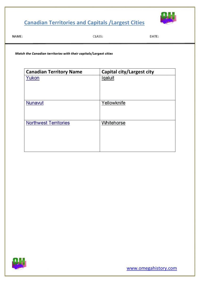 Largest cities andcapitals in canadian territories-  worksheet of Geography