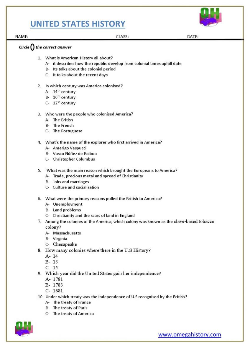 United states History easy question and answer worksheet