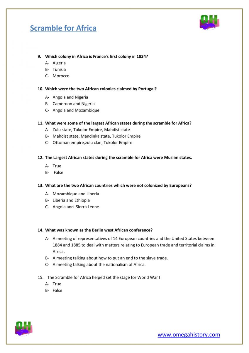 what is scramble for Africa-history question worksheet pdf