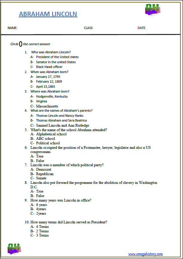 Some Interesting facts about Abraham Lincoln-Printable History worksheet PDF