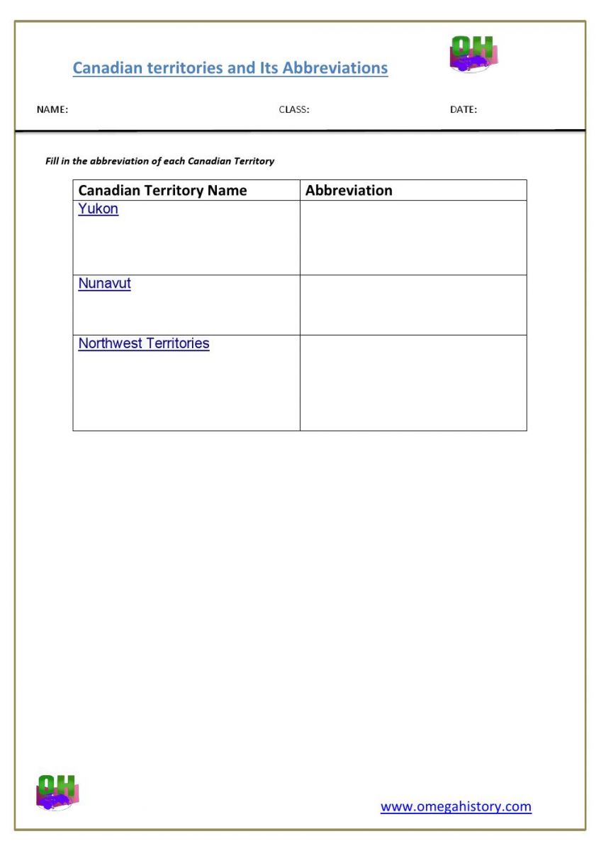 abbreviations of territories in canada - student resource worksheet